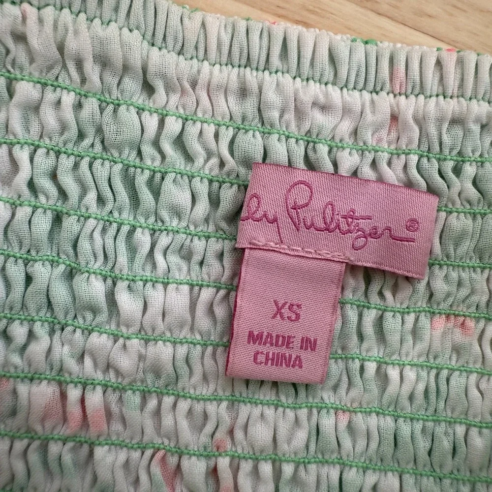 Lilly Pulitzer Strapless Dress Women's XS Green Floral Print Smocked Pleated - Picture 10 of 16